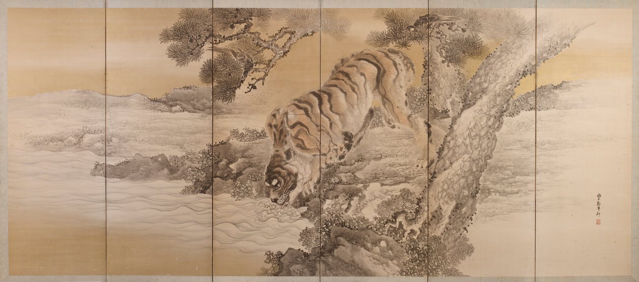 Pantalla de seis paneles que representa un tigre bebiendo de Kishi Ganku
