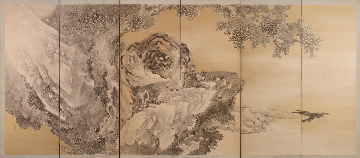 Biombo de seis paneles que representa un tigre rugiente, 1749-1838 de Kishi Ganku