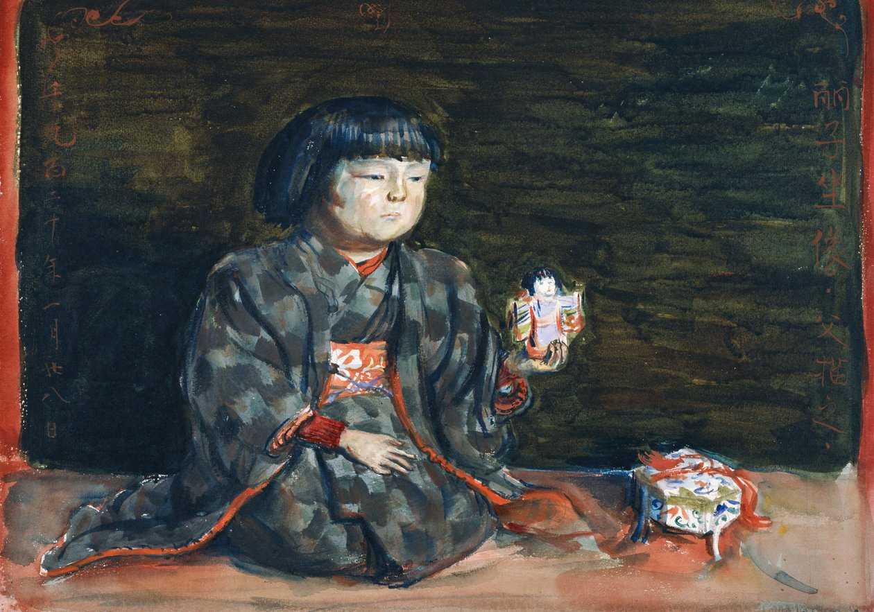 Retrato sentado de Reiko con una muñeca de Kishida Ryusei