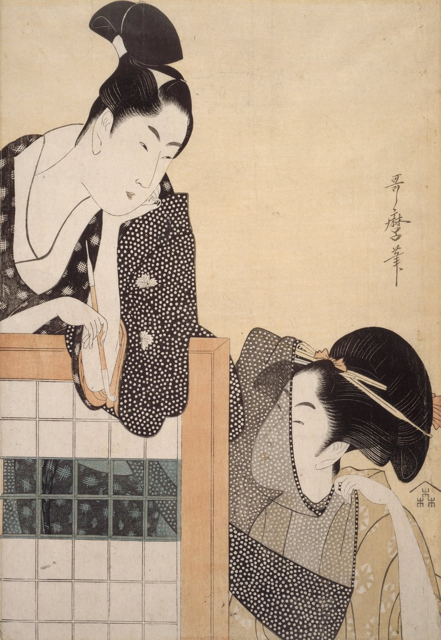 Pareja con una pantalla de pie de Kitagawa Utamaro