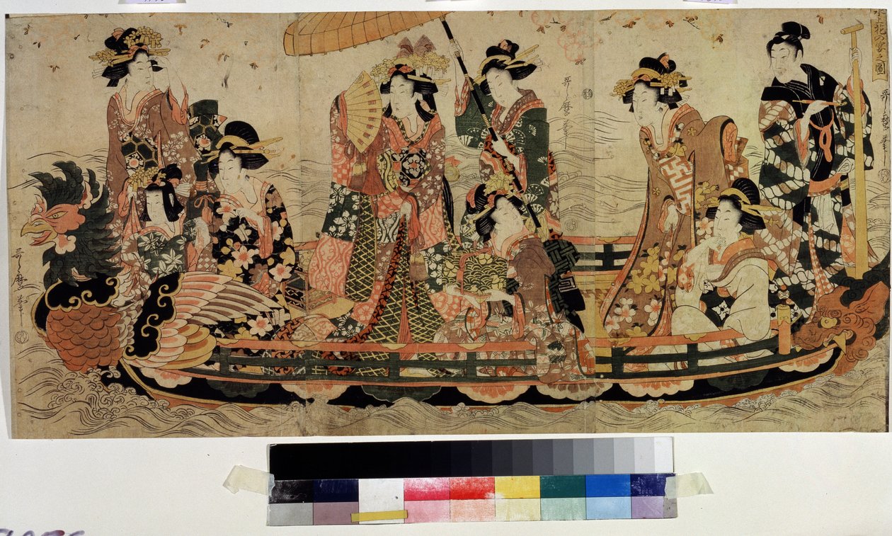 Admira los cerezos en flor (Hanami) (Cherry Blossom Viewing, Hanami). Imprimir por Kitagawa Utamaro II (?-1831). Aguafuerte a color, 37 x 76 cm. arte oriental. Museo Pushkin, Moscú de Kitagawa II Utamaro