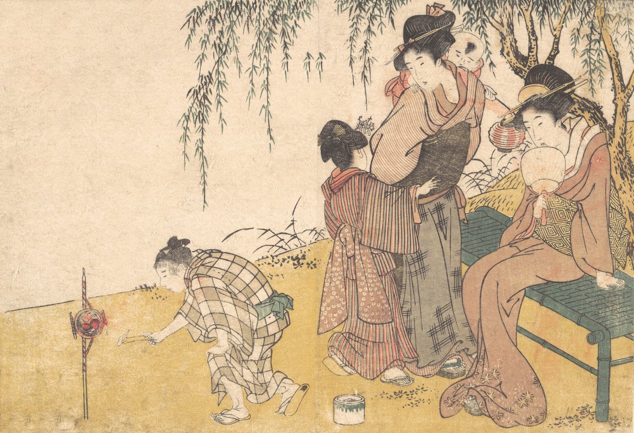 Un niño encendiendo fuegos artificiales, del libro ilustrado Flores de las Cuatro Estaciones de Kitagawa Utamaro