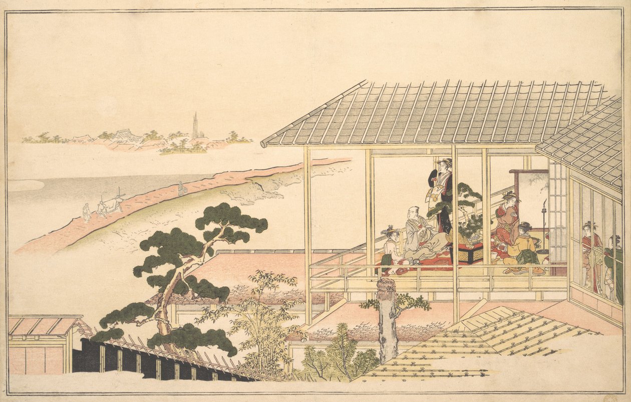 Una fiesta de juerguistas en una casa en Yoshiwara en una noche de luna de Kitagawa Utamaro