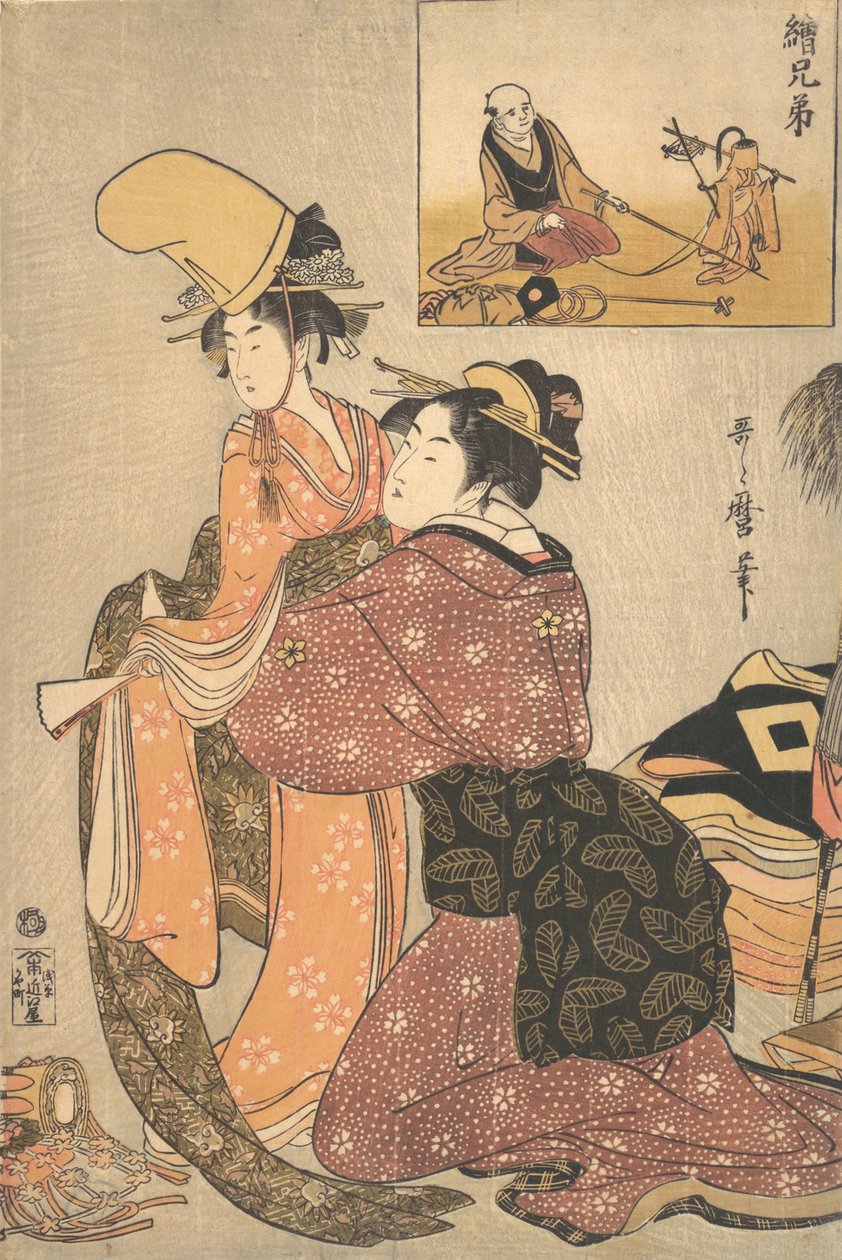 Una mujer vistiendo a una niña para la danza Kabuki “Musume Dojoji..., ca. 1795-96 de Kitagawa Utamaro