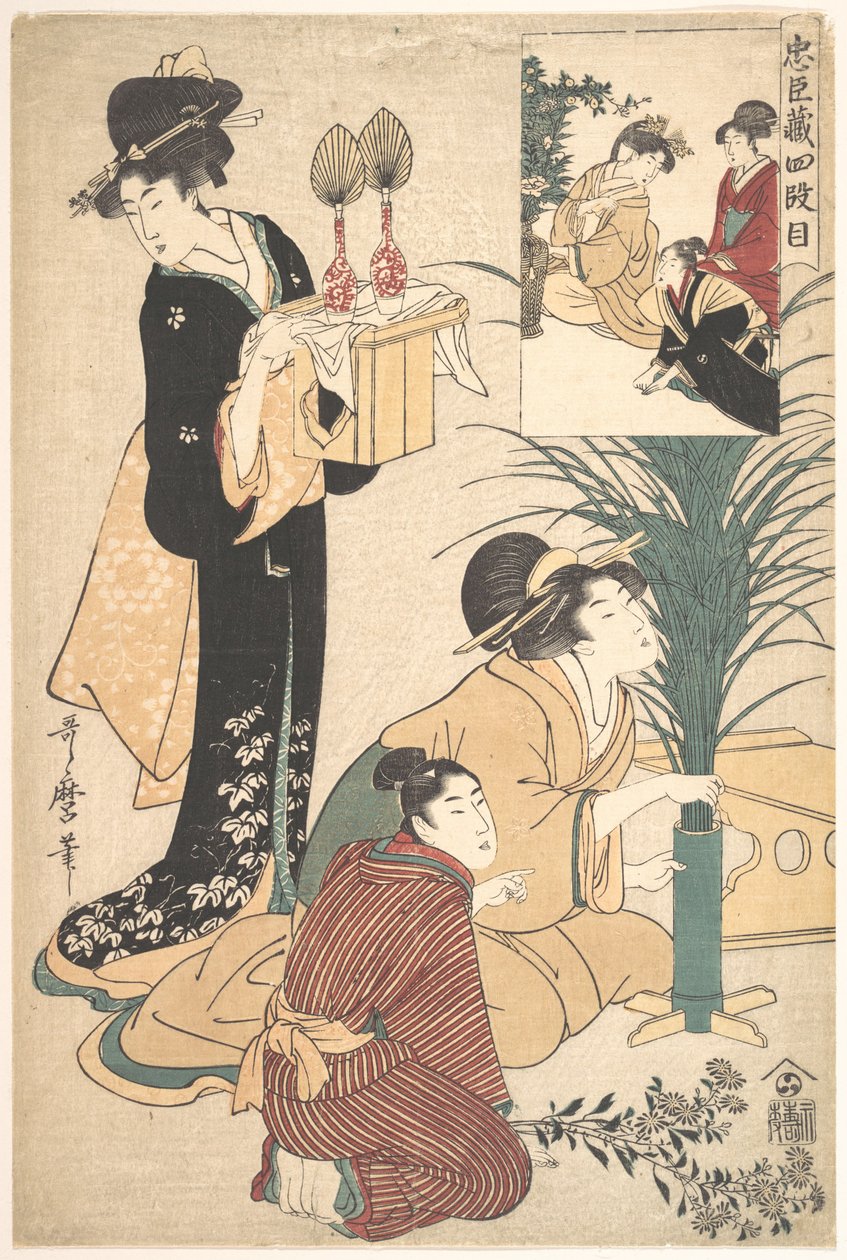 Una mujer y un hombre arreglando flores para el Tsukimi (Fiesta de la Luna) de Kitagawa Utamaro