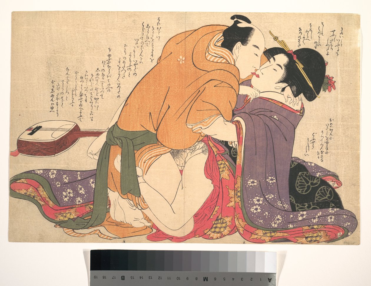 Una pareja haciendo el amor junto a un shamisen, una página de «Desentrañando los hilos del deseo» (Negai no ito-guchi) de Kitagawa Utamaro