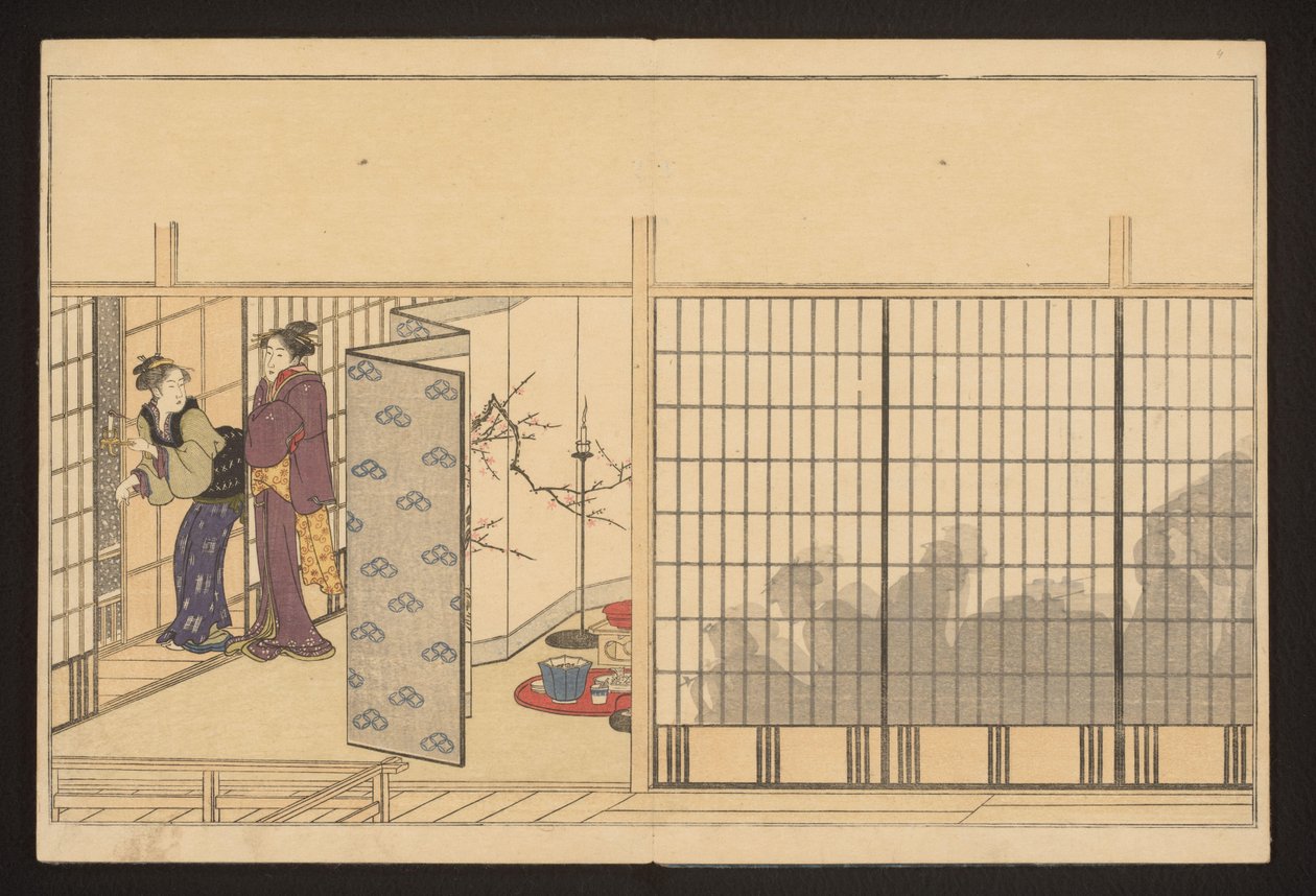 Una fiesta en una casa con dos mujeres a la izquierda de Kitagawa Utamaro