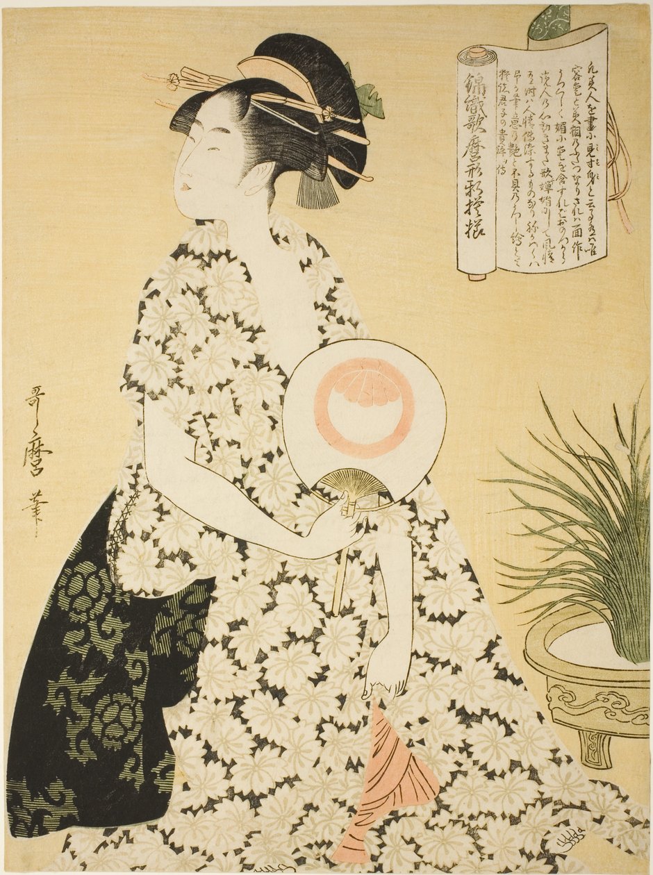 Belleza con un kimono de verano, de la serie "Nuevos patrones de brocado tejido al estilo Utamaro" ("Nishiki-ori Utamaro-gata-shinmoyo") de Kitagawa Utamaro