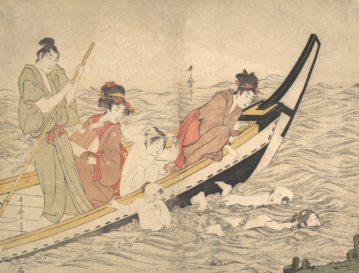Fiesta en bote con niños nadando, finales del siglo XVIII de Kitagawa Utamaro
