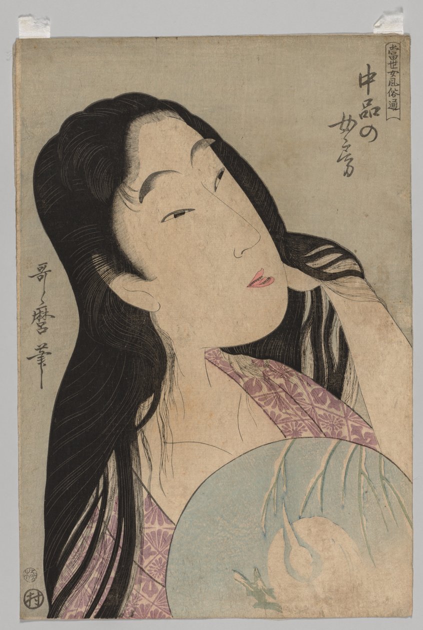 Busto de mujer con cabello suelto sosteniendo un abanico, 1753-1806 de Kitagawa Utamaro