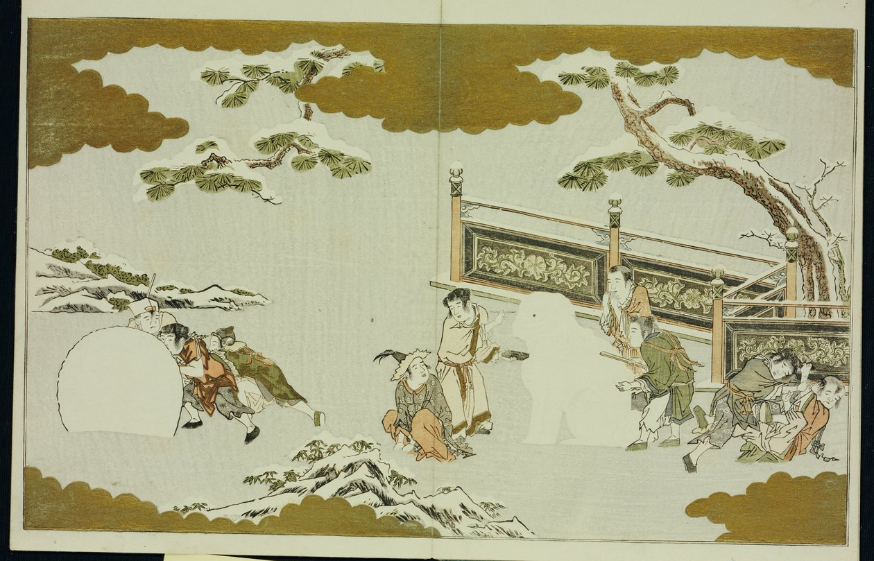 Niños haciendo un shishi de nieve y rodando una bola de nieve, de "El Mundo de Plata" de Kitagawa Utamaro