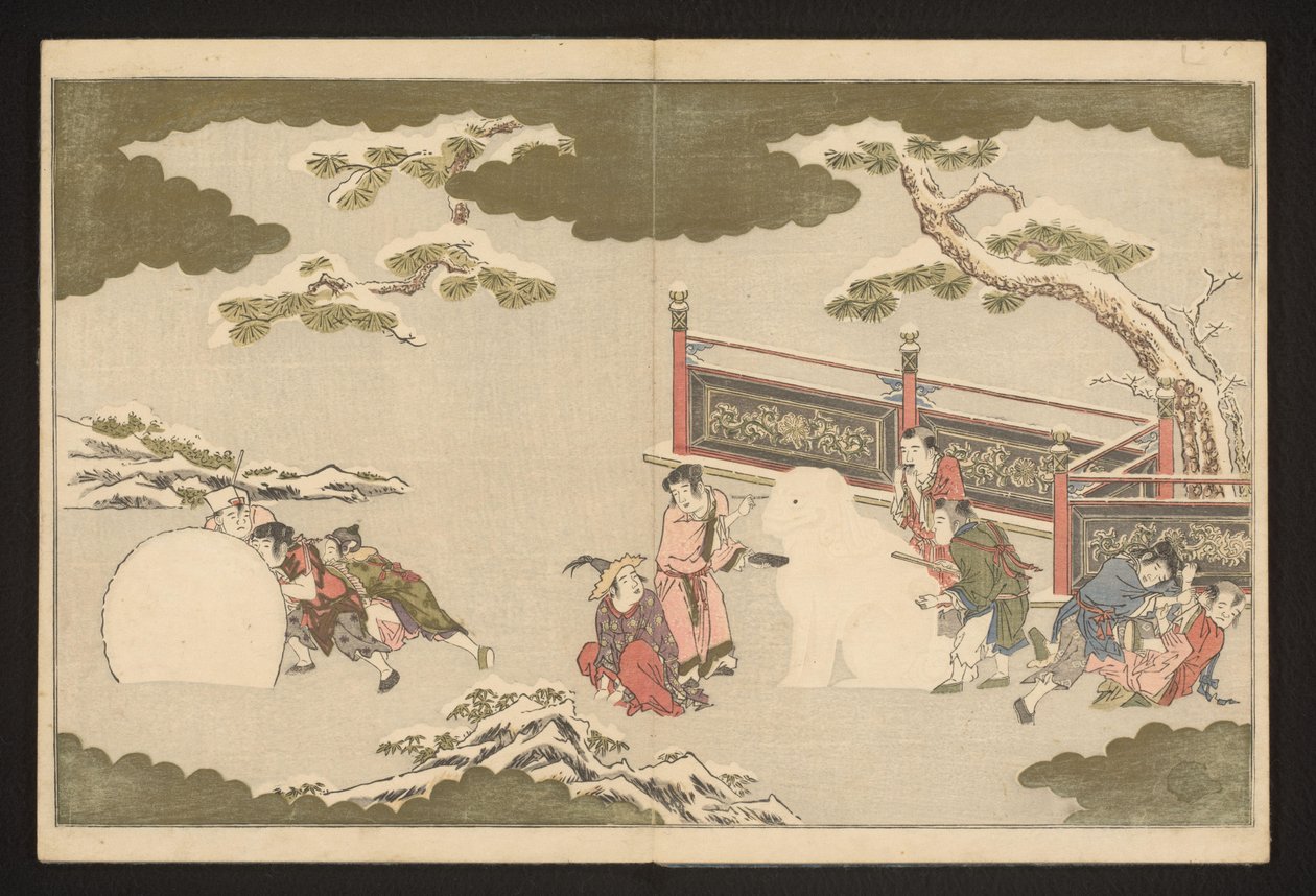 Niños chinos jugando en la nieve de Kitagawa Utamaro