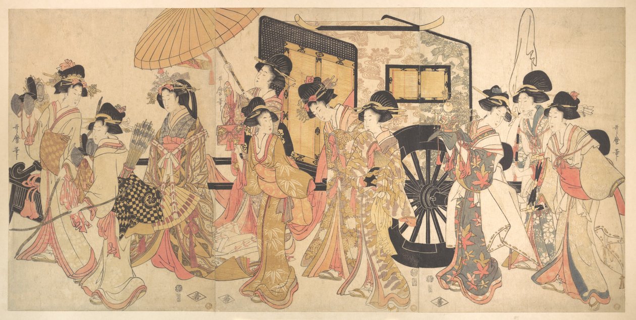Cortesanas imitando una procesión cortesana de Kitagawa Utamaro