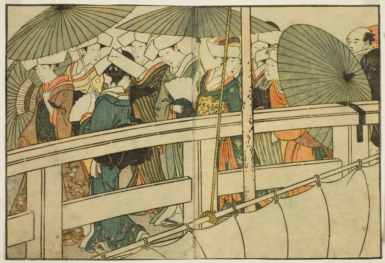 Cruzando un Puente en Verano, del libro ilustrado "Libro de Imágenes: Flores de las Cuatro Estaciones (Ehon shiki no hana)," vol. 1 de Kitagawa Utamaro