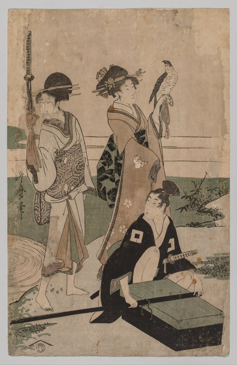 Daimyō y su séquito cruzando un arroyo en la llanura cerca de Fuji de Kitagawa Utamaro