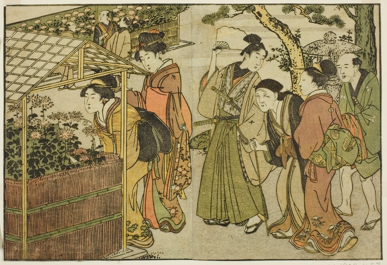 Exhibición de crisantemos, del libro ilustrado "Libro de imágenes: Flores de las cuatro estaciones," vol. 2 de Kitagawa Utamaro