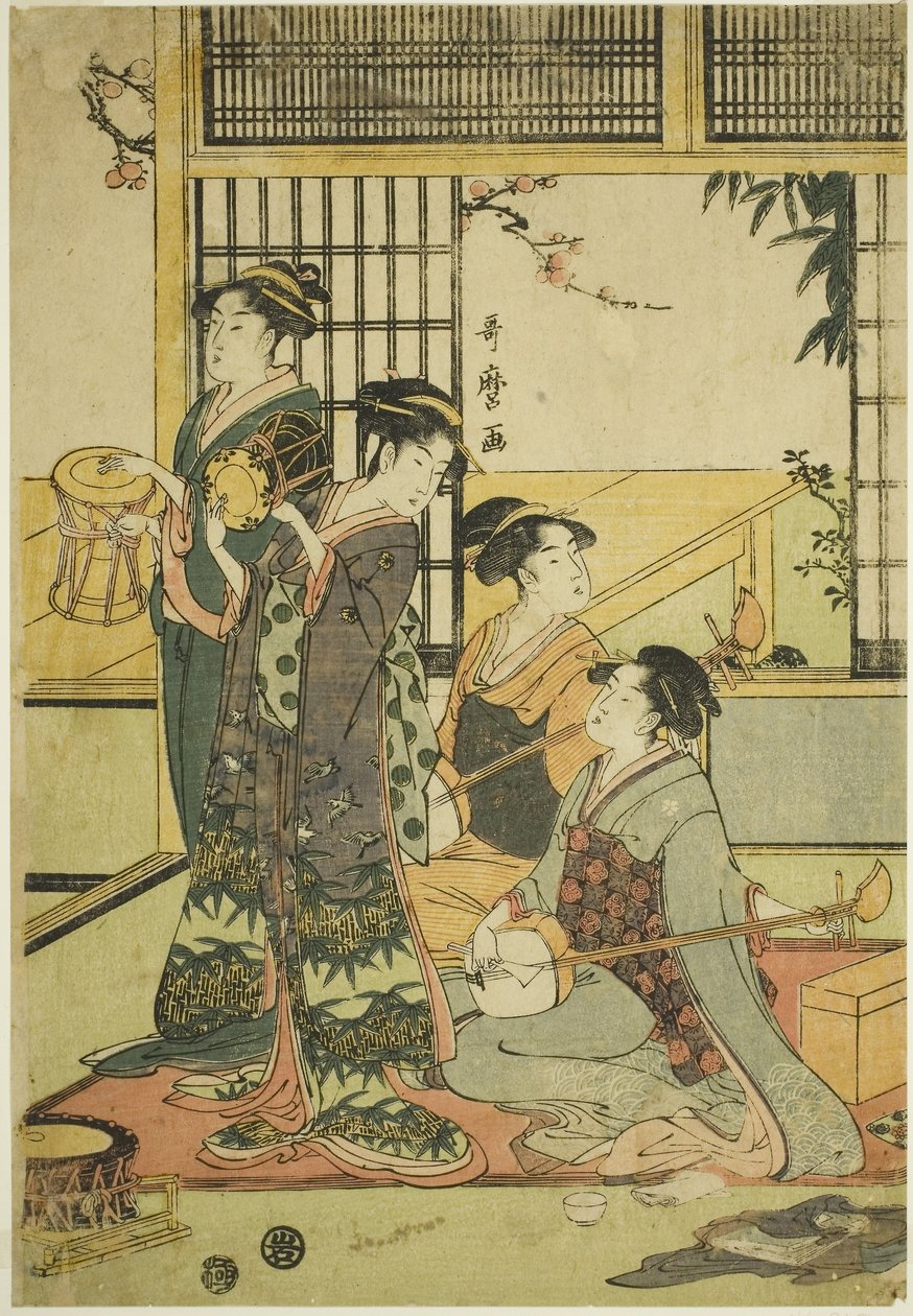 Tambores y shamisen (xilografía en color; aiban) de Kitagawa Utamaro