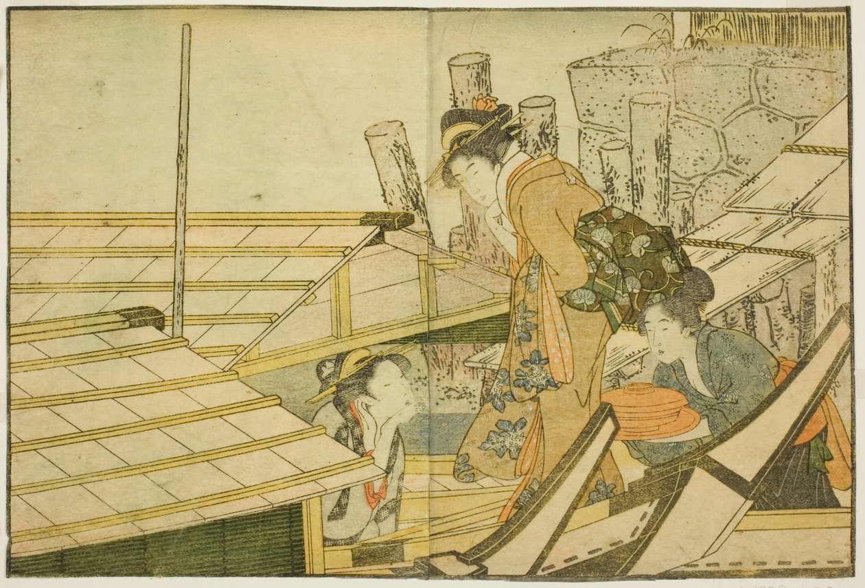 Embarcando en botes de placer en verano, del libro ilustrado "Libro de imágenes: Flores de las cuatro estaciones," vol. 1 de Kitagawa Utamaro