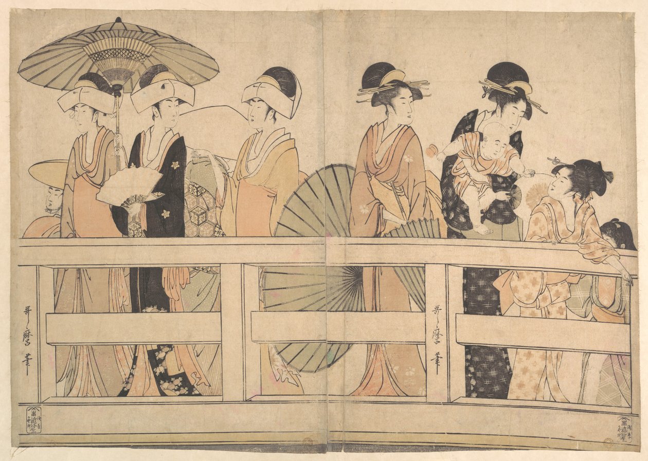 Disfrutando de la fresca brisa vespertina sobre el puente y a sus pies de Kitagawa Utamaro