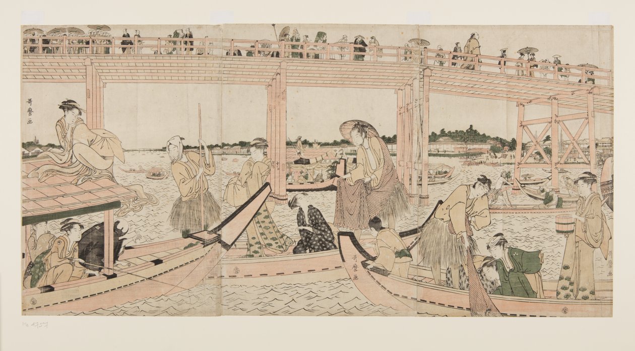 Barcos de pesca con redes bajo el puente Ryogoku de Kitagawa Utamaro