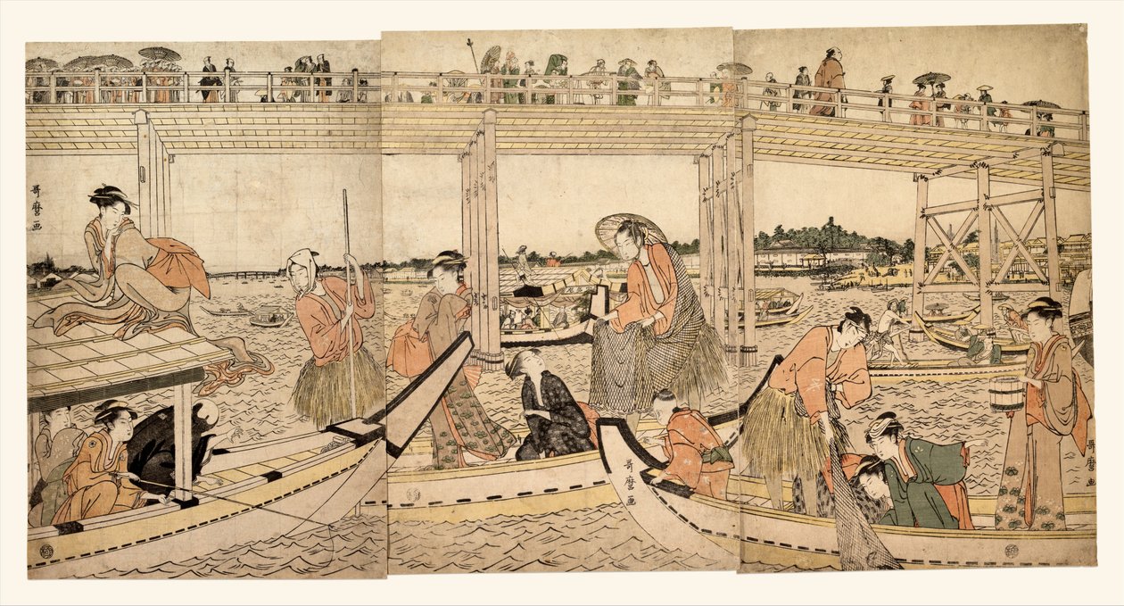 Barcos pesqueros con redes bajo el puente de Ryōgoku de Kitagawa Utamaro