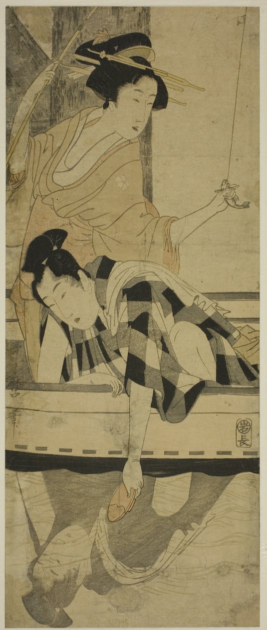 Pescando bajo un puente de Kitagawa Utamaro