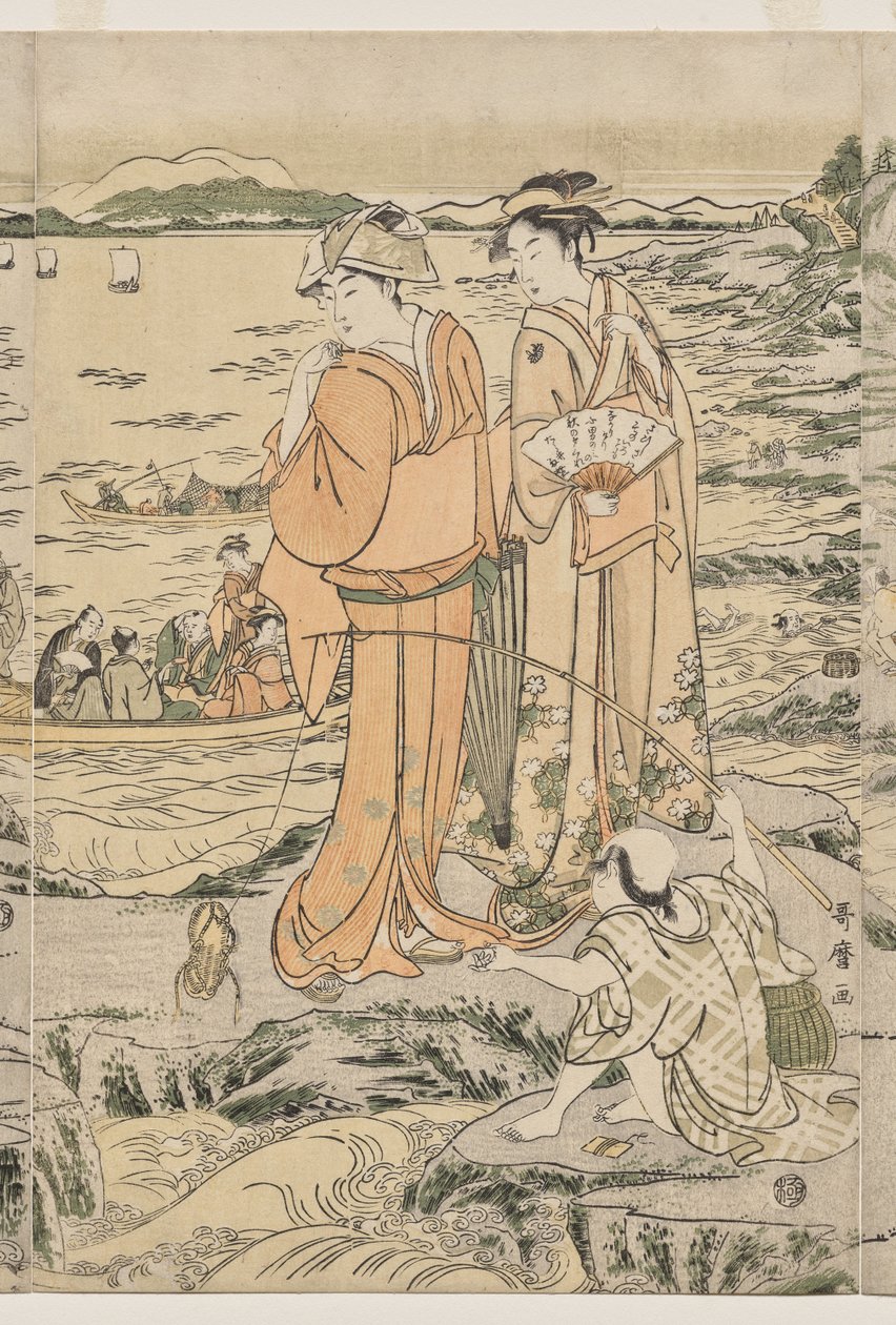 Pescando en la roca de la tabla de cortar en Enoshima de Kitagawa Utamaro