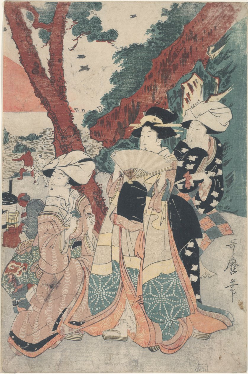 Playa Futamigaura en el Año Nuevo de Kitagawa Utamaro