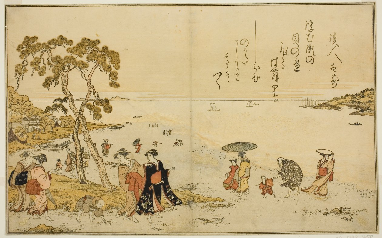 Recogiendo conchas en marea baja, del libro ilustrado "Regalos de la marea baja (Shiohi no tsuto)" de Kitagawa Utamaro