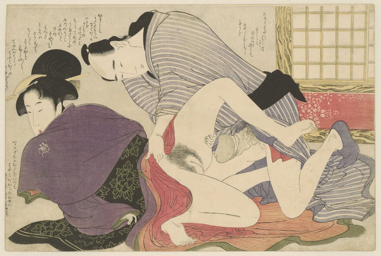 Geisha y amante en un biombo independiente Negai no itoguchi (título de la serie) de Kitagawa Utamaro