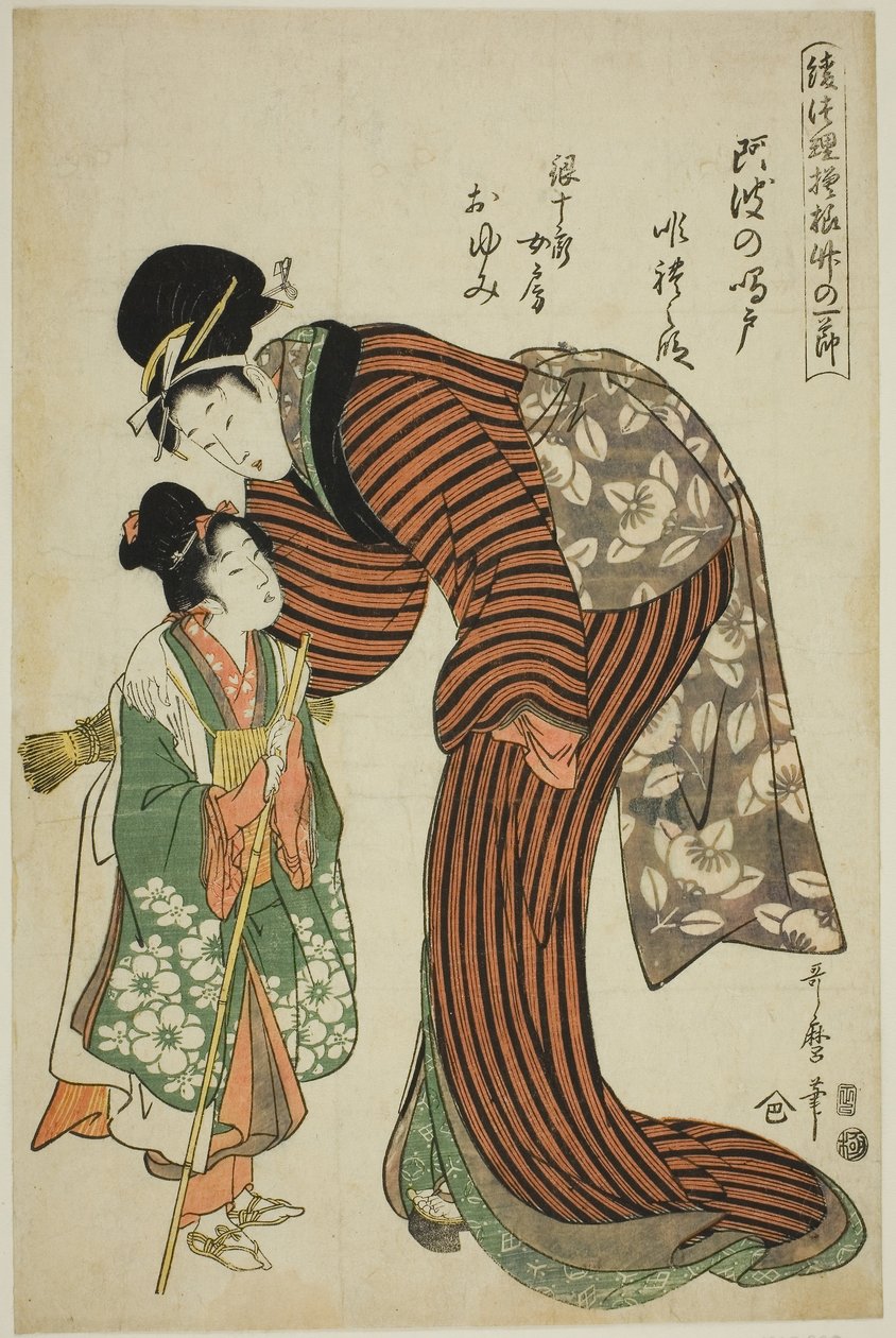 Oyumi, la esposa de Ginjuro, de la obra "Remolinos de Awa" (Awa no naruto, Ginjuro nyobo Oyumi), de la serie "Nodos de bambú en diseños de teatro de marionetas (Ayatsuri moyo take no hitofushi)". de Kitagawa Utamaro
