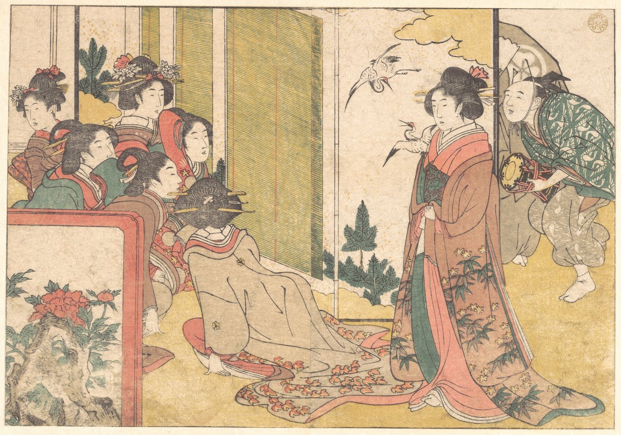 Jóvenes entretenidas por artistas, del libro ilustrado «Flores de las cuatro estaciones» de Kitagawa Utamaro