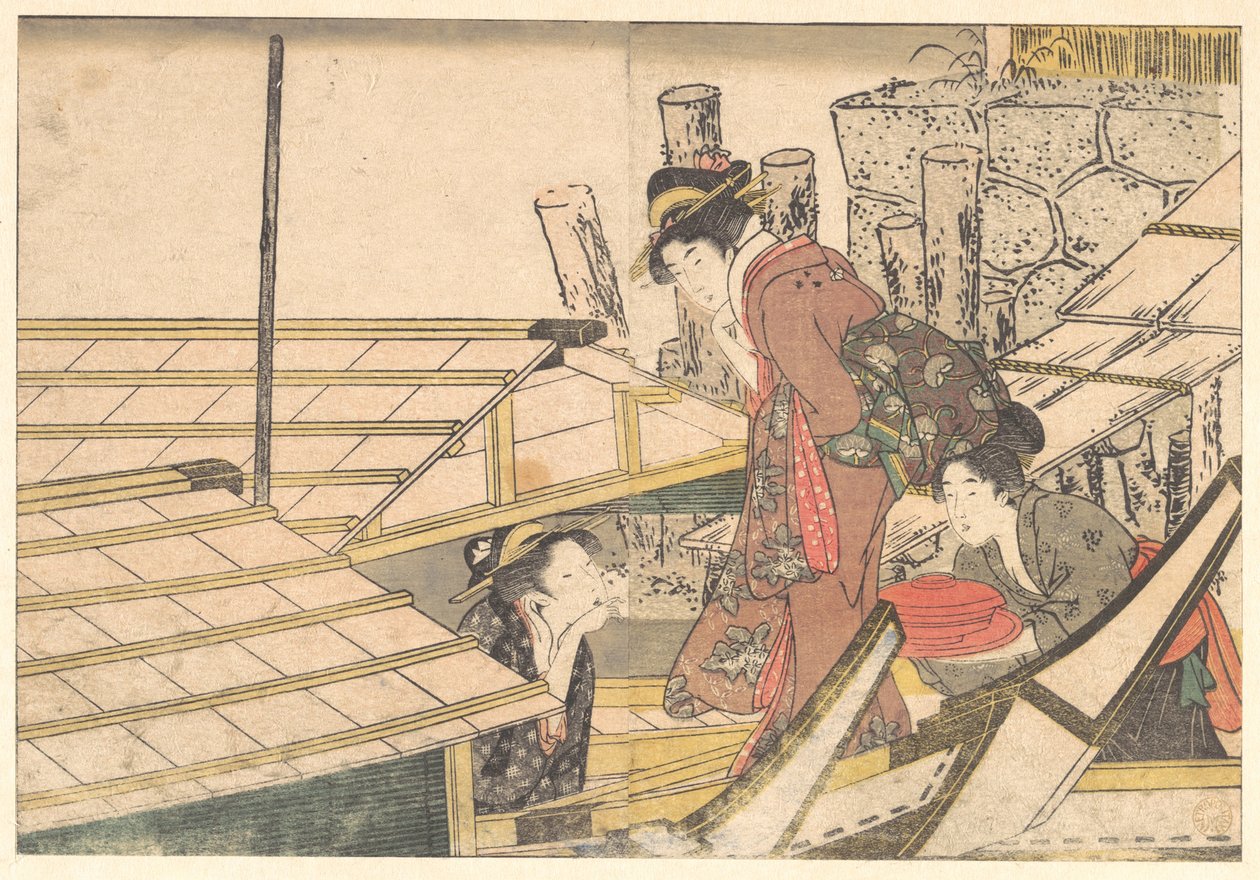 Chicas subiendo a un barco, del libro ilustrado «Las flores de las cuatro estaciones» de Kitagawa Utamaro