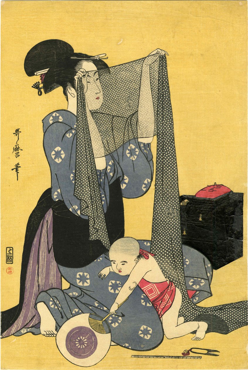 Hari-shigoto Bordado. Tríptico, parte izquierda, 1795 de Kitagawa Utamaro