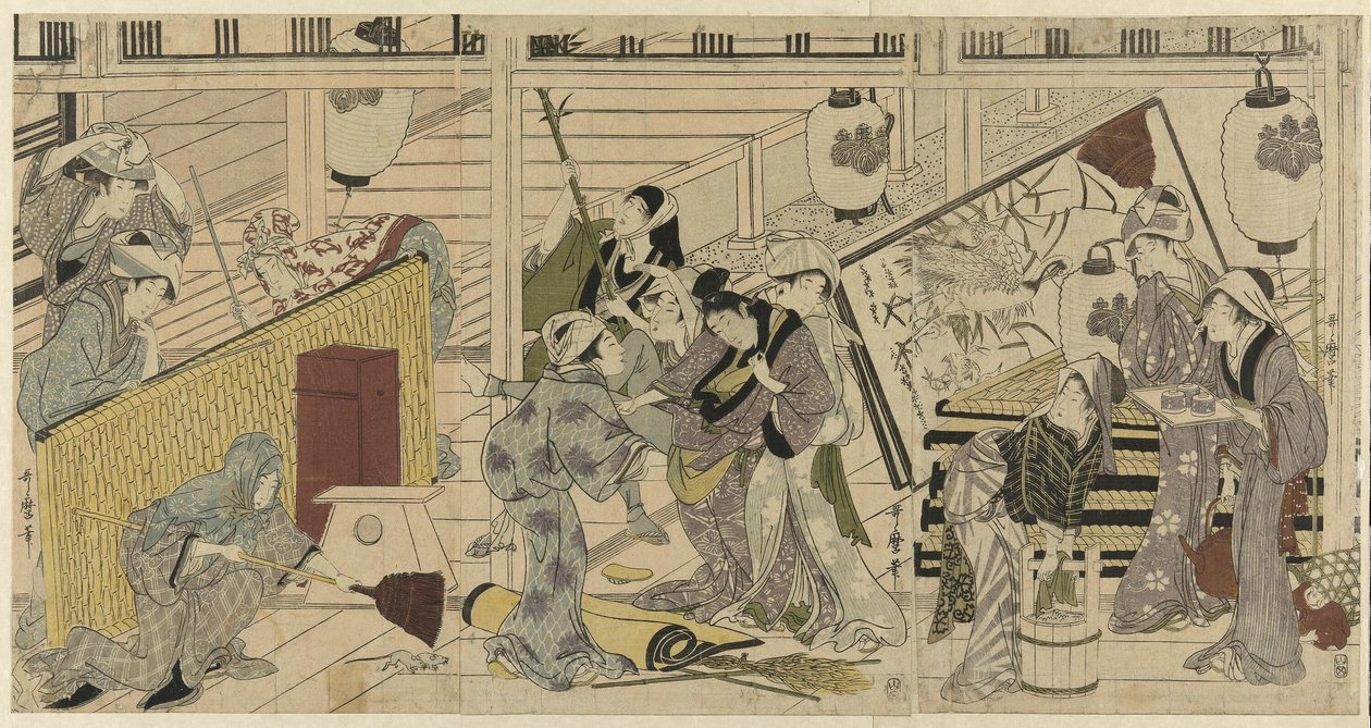 Limpieza de la casa en preparación para el Año Nuevo de Kitagawa Utamaro