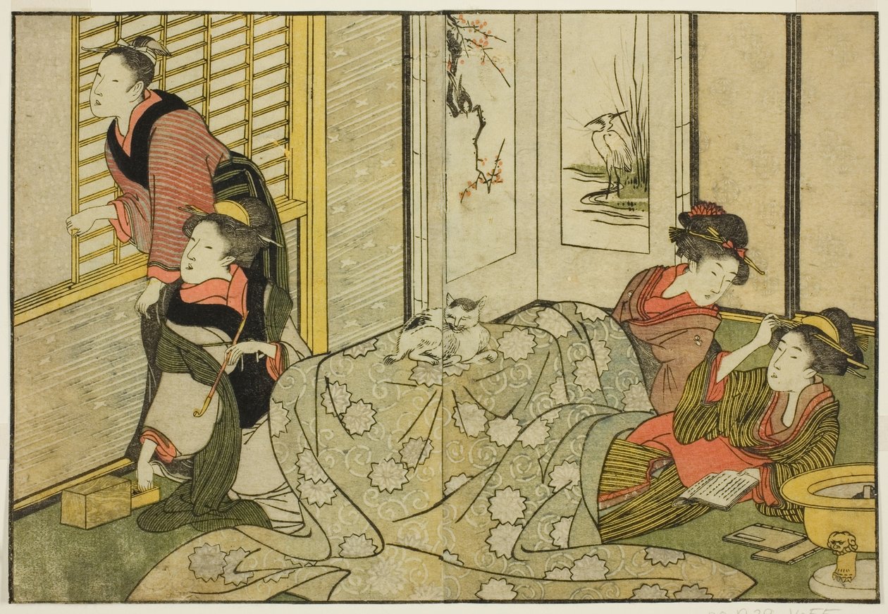 Escena Interior en un Día Nevado, del libro ilustrado "Libro de Imágenes: Flores de las Cuatro Estaciones (Ehon shiki no hana)," vol. 2 de Kitagawa Utamaro