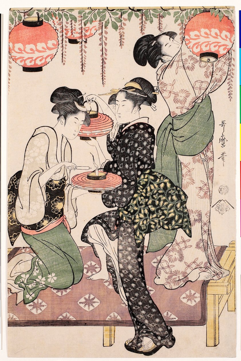Chicas jóvenes de una casa de té japonesa colgando faroles de una espaldera de glicina - Impresión de Kitagawa Utamaro (1753-1806), alrededor de 1795, linograbado - Chicas de la casa de té bajo una espaldera de glicinia - Linograbado en color de Kitagawa U de Kitagawa Utamaro