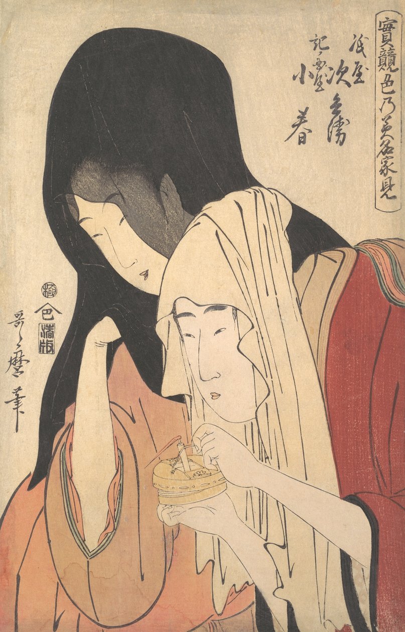 Jihei de Kamiya huyendo con la geisha Koharu de Kinokuniya, ca. 1798-99 de Kitagawa Utamaro