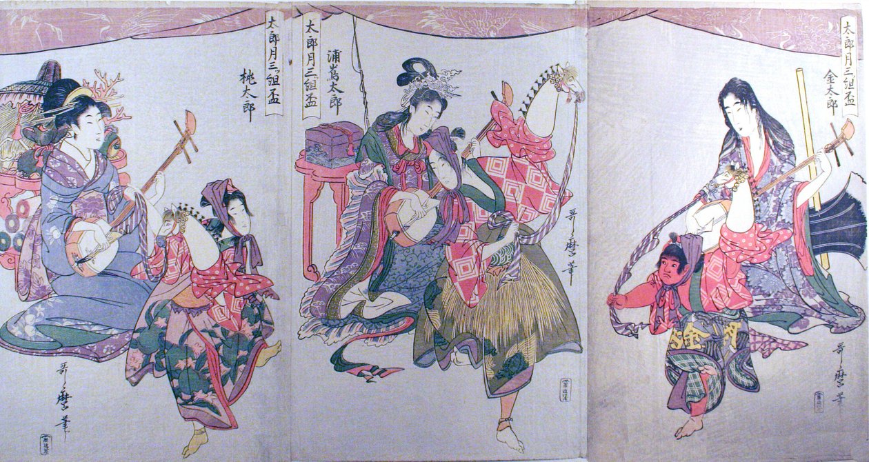 Kintaro, Urashimataro y Momotaro, del tríptico "Juego de tres copas de sake para el primer mes (Tarozuki mitsugumi sakazuki)" de Kitagawa Utamaro