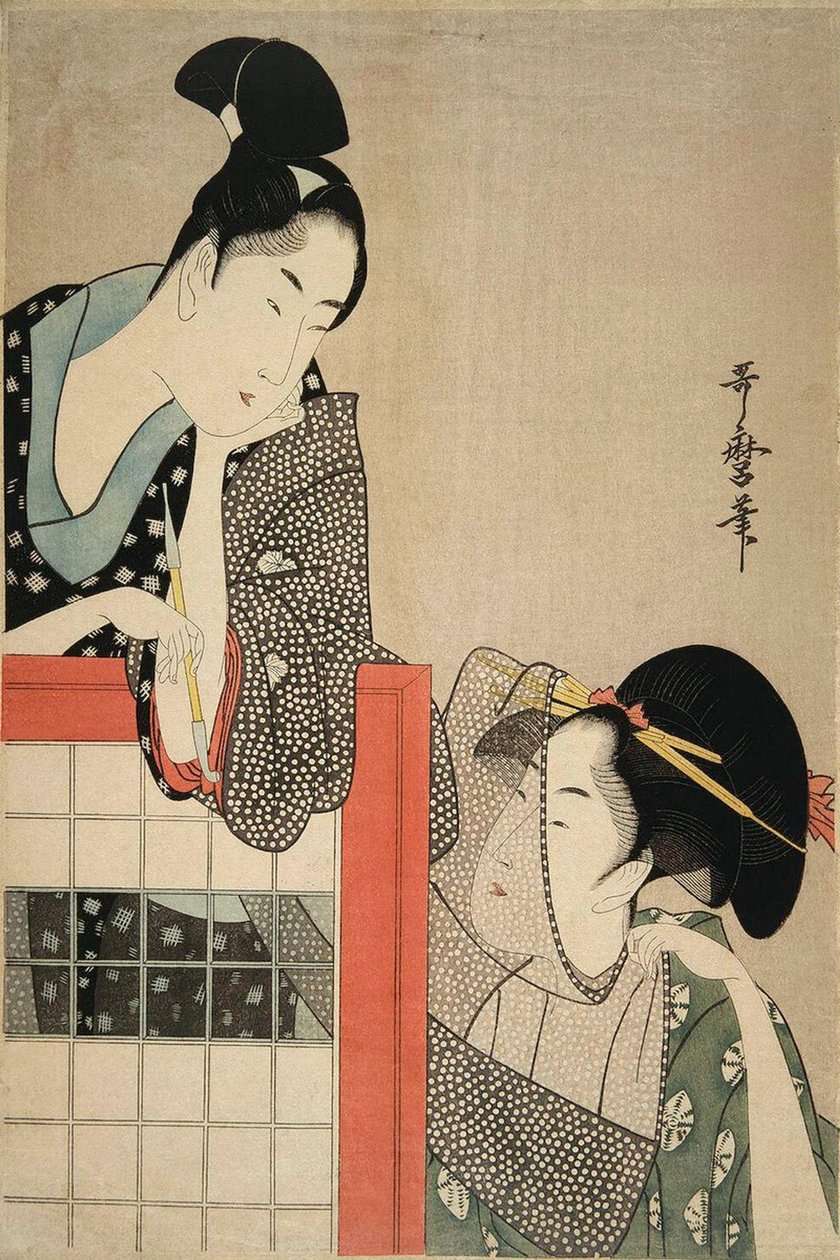 Dama y caballero junto a una pantalla de Kitagawa Utamaro