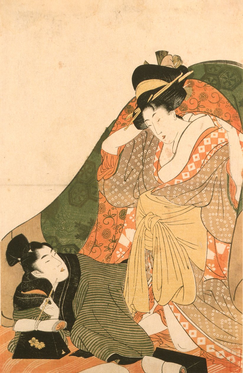 Amantes bajo un futón; imagen inicial de una serie erótica de Kitagawa Utamaro