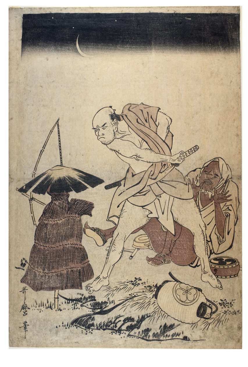Hombre amenaza a un espantapájaros en una noche oscura, c.1758-1806 de Kitagawa Utamaro