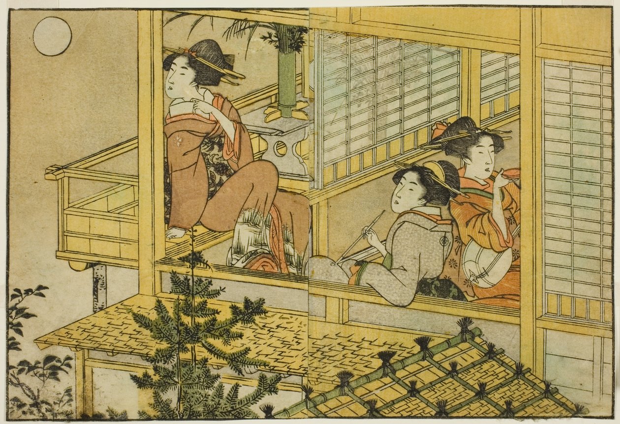 Fiesta de Observación de la Luna, del libro ilustrado "Libro de Imágenes: Flores de las Cuatro Estaciones (Ehon shiki no hana)," vol. 2 de Kitagawa Utamaro