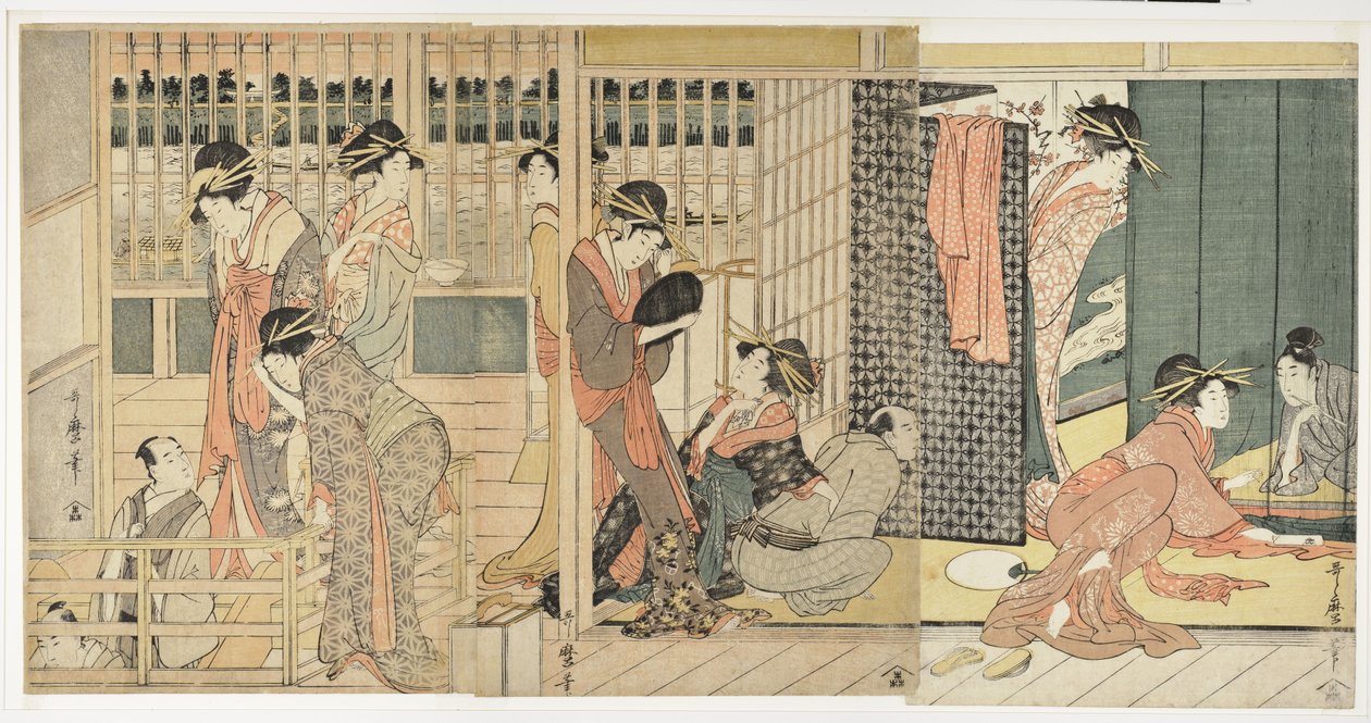 Despedida matutina en los alojamientos temporales del barrio de placer, 1801 de Kitagawa Utamaro