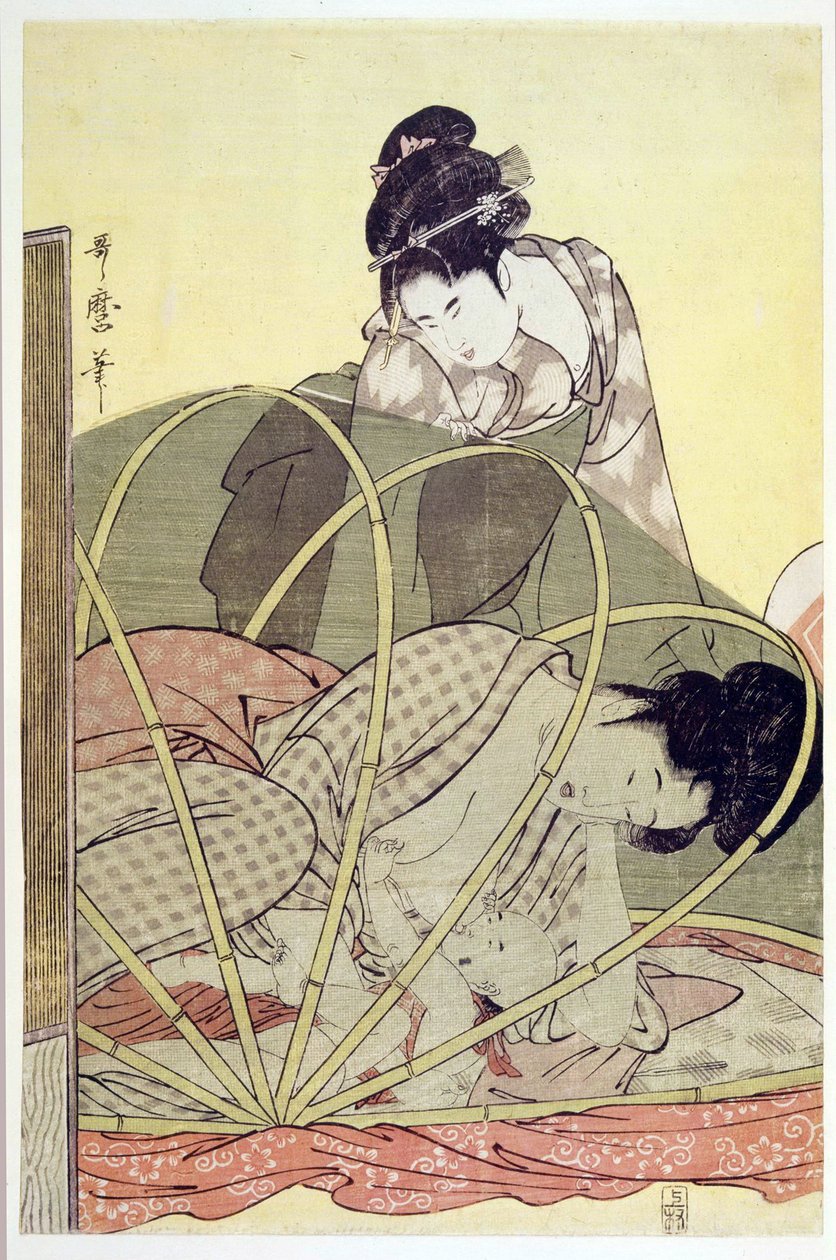 Madre amamantando al bebé bajo una mosquitera de Kitagawa Utamaro