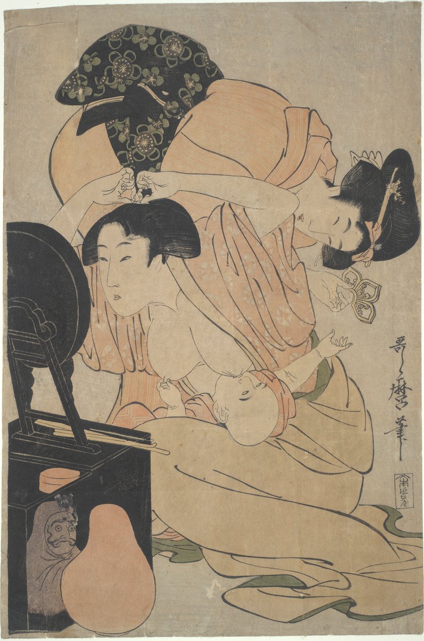 Madre con bebé lactante y asistente de Kitagawa Utamaro