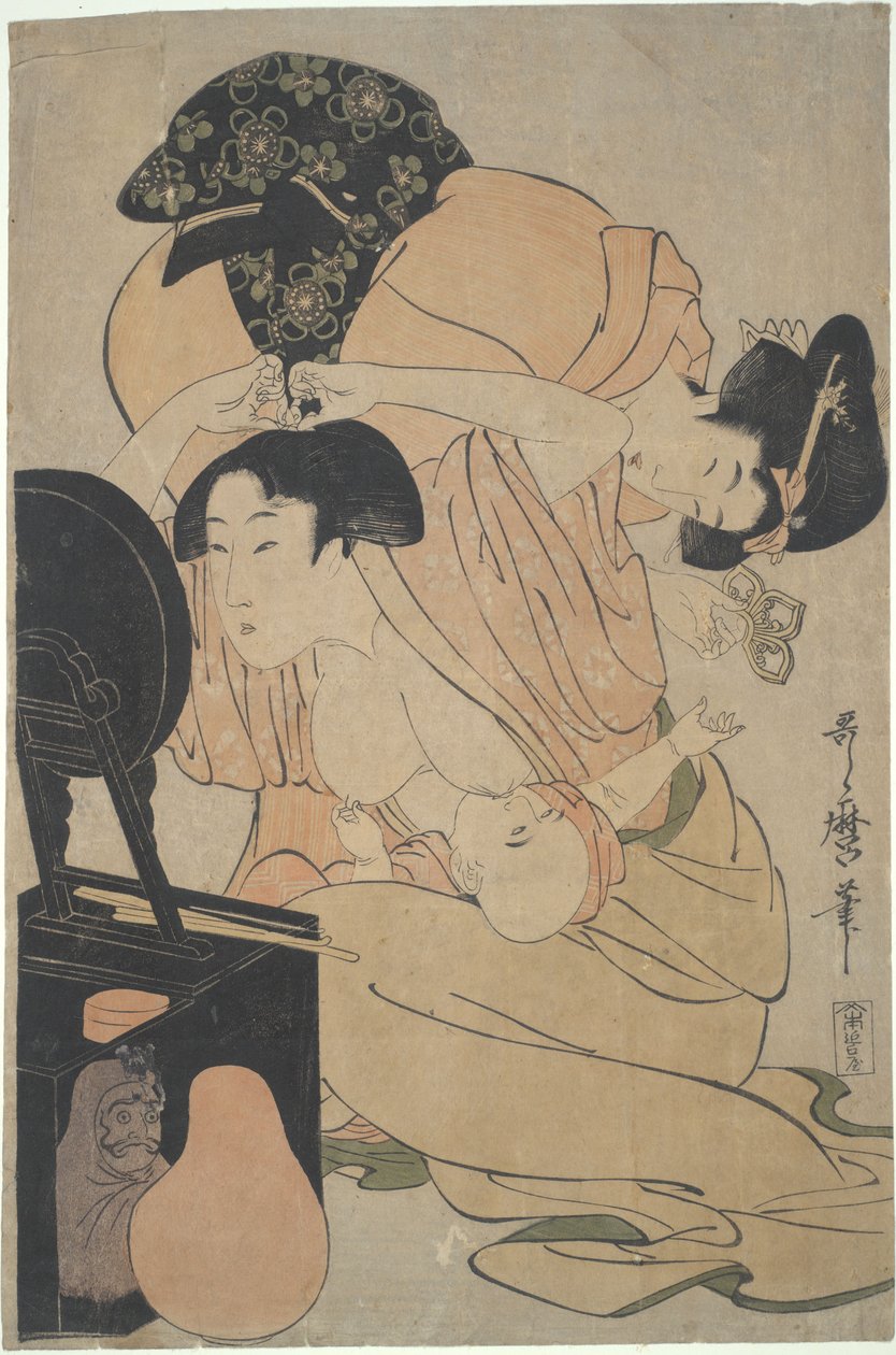 Madre con un bebé al pecho y una acompañante de Kitagawa Utamaro