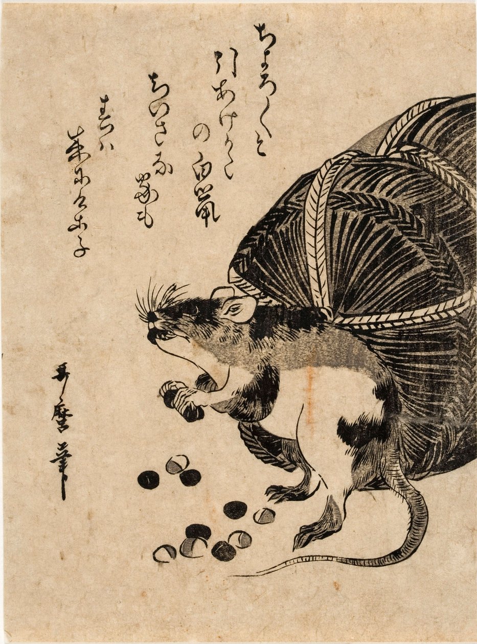 Ratón con un saco de arroz de Kitagawa Utamaro
