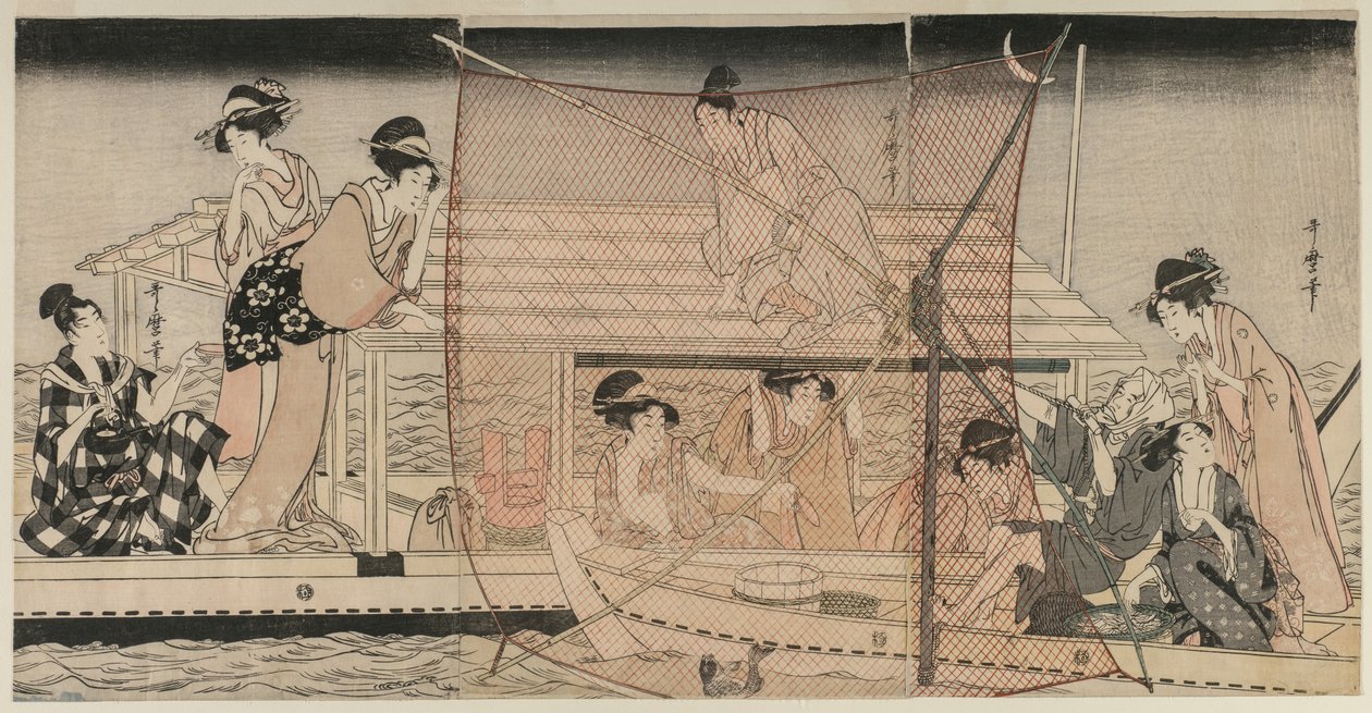 Pesca con red de noche en el río Sumida de Kitagawa Utamaro