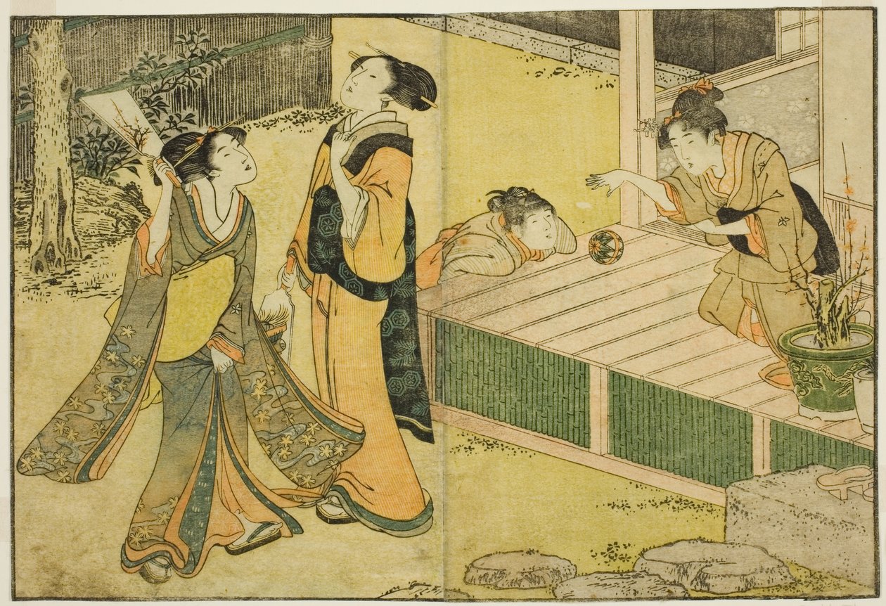 Juegos de Año Nuevo de volante, raqueta y pelota de mano, del libro ilustrado "Libro de imágenes: Flores de las cuatro estaciones (Ehon shiki no hana)," vol. 1 de Kitagawa Utamaro